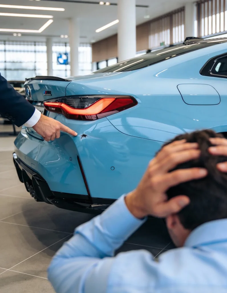 Sachverständiger prüft Lackschäden bei einer Leasingrückgabe in München.